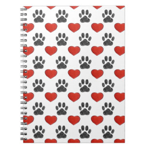 Caderno Espiral Pinturas De Cães E Corações Vermelhos Padrão De Pi