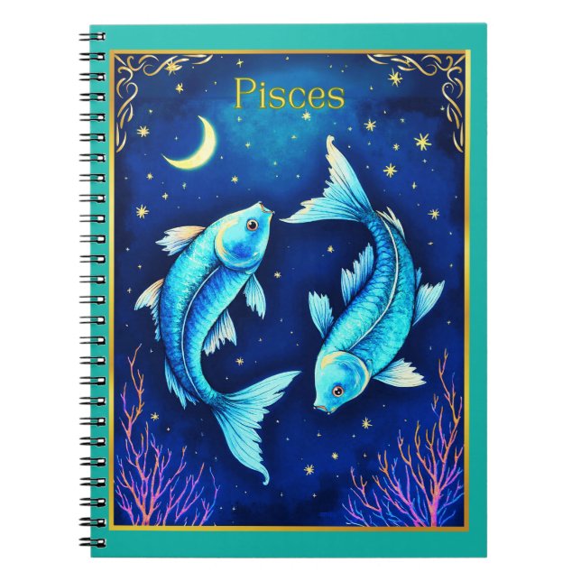 Caderno Espiral Pisces Zodiac Fish Swimming in Cosmic Waters (Frente)