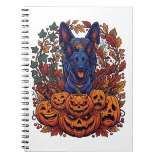 Caderno Espiral Pitbull Azul Abóboras de Halloween Folhas de Outon