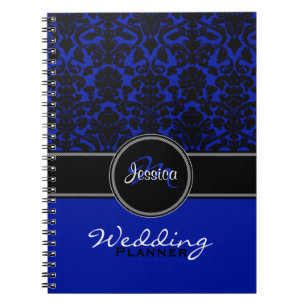 Caderno Espiral Placa de Casamento tema damasco Branco Azul Monogr