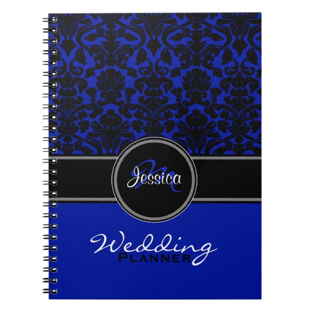 Caderno Espiral Placa de Casamento tema damasco Branco Azul Monogr (Frente)