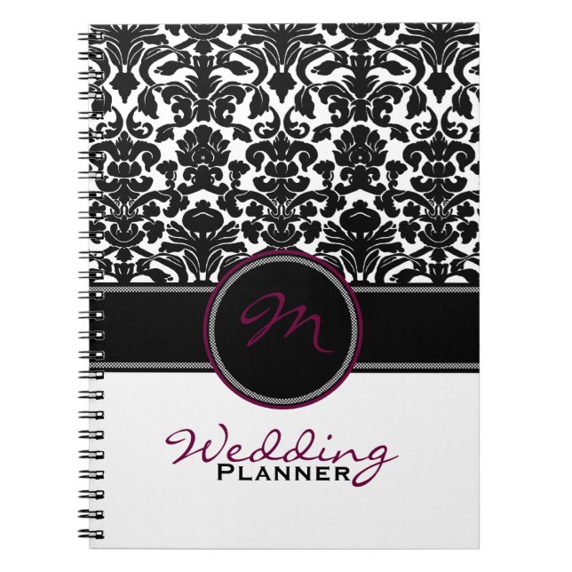 Caderno Espiral Placa de Casamento tema damasco Branco Preto de Mo (Frente)
