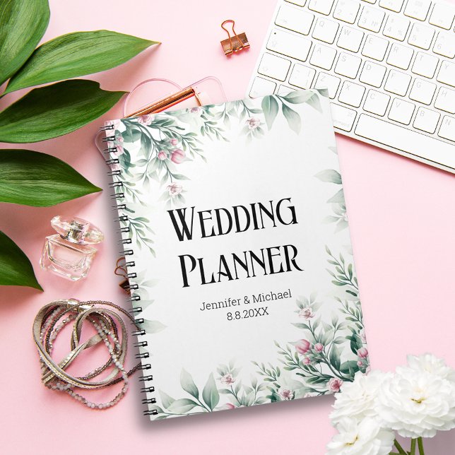 Caderno Espiral planador de casamento floral de aquarela verde (Criador carregado)