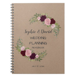 Caderno Espiral Planador Romântico de Casamento Floral de Marsala,