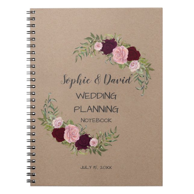 Caderno Espiral Planador Romântico de Casamento Floral de Marsala, (Frente)
