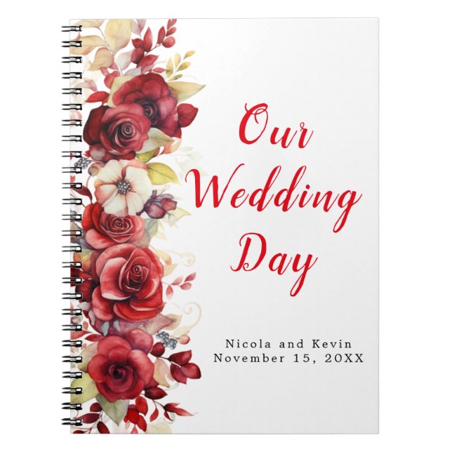 Caderno Espiral Planeador de Casamento Floral das Rosas vermelhas  (Frente)