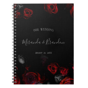 Caderno Espiral Planeador de Casamento Floral Preto Vermelho Elega