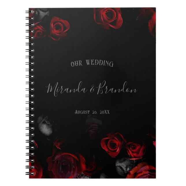 Caderno Espiral Planeador de Casamento Floral Preto Vermelho Elega (Frente)