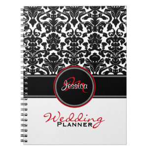 Caderno Espiral Planeador de Casamento tema damasco Branco preto m