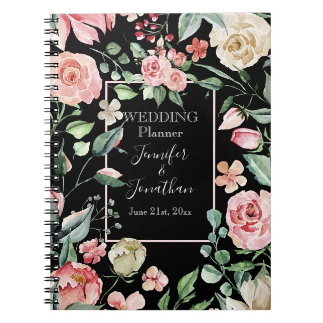 Caderno Espiral Planeador Tradicional de Casamento Rosa Rosa Rosa  (Frente)