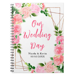 Caderno Espiral Planejador de Casamento com Rosas Rosas e Folhagem