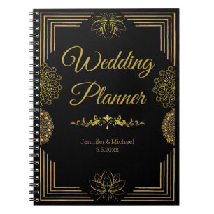 Caderno Espiral planejador de casamento elegante ouro indiano negr