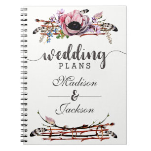 Caderno Espiral Planejador de Casamento Floral Rosa Boho Chic