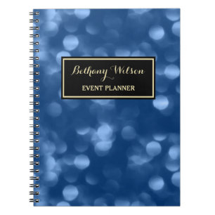 Caderno Espiral Planejador de evento elegante Bokeh Luxe azul