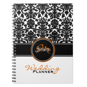 Caderno Espiral Planner Casamento tema damasco Branco preto-branco