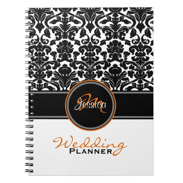 Caderno Espiral Planner Casamento tema damasco Branco preto-branco (Frente)