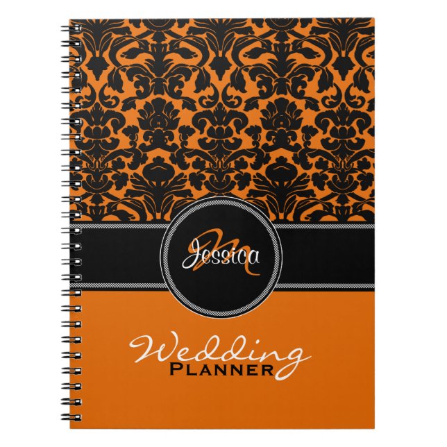 Caderno Espiral Planner Casamento tema damasco Branco preto-branco (Frente)