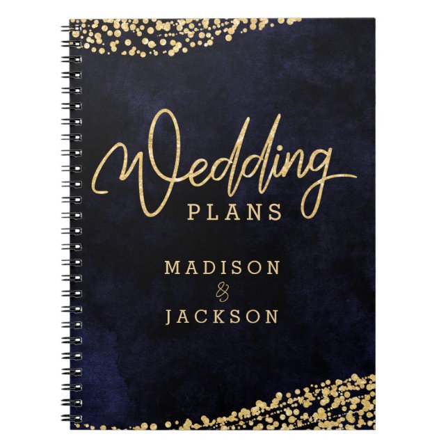 Caderno Espiral Planner de Casamento Confetti Dourado de Cor Azul- (Frente)