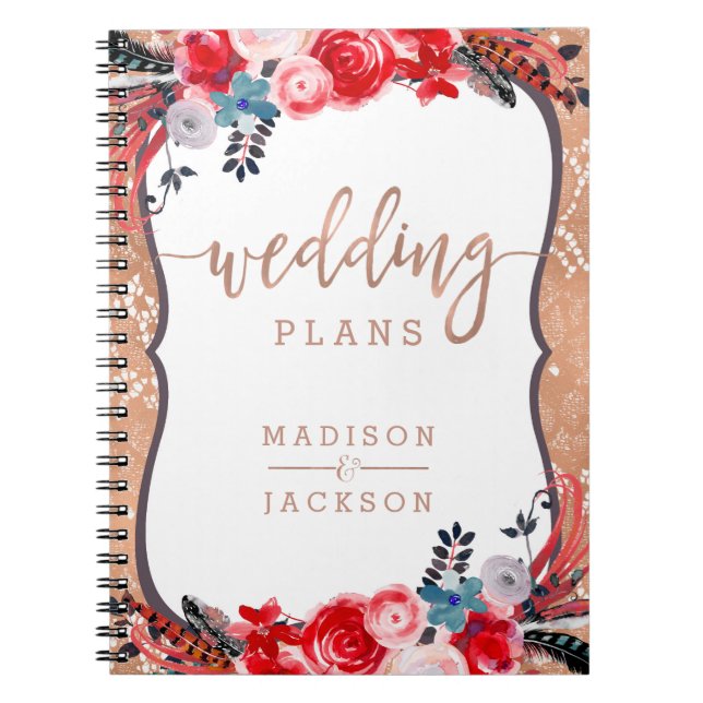Caderno Espiral Planner de Casamento Elegante Floral e Lace Dourad (Frente)