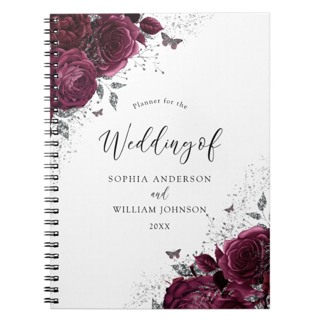 Caderno Espiral Planner de Casamento Silver Rosas da Borgonha (Frente)