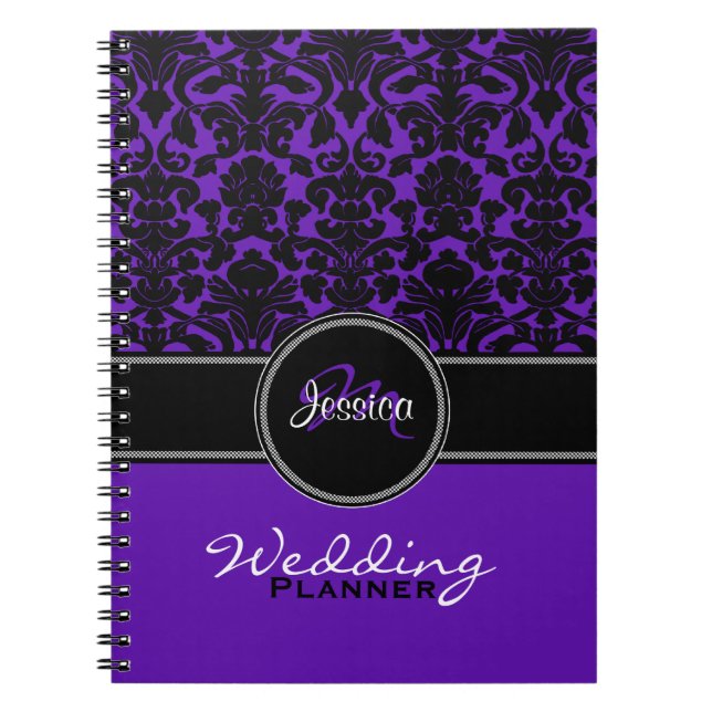 Caderno Espiral Planner do Casamento tema damasco preto roxo monog (Frente)