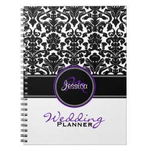 Caderno Espiral Planner do Casamento tema damasco preto roxo monog