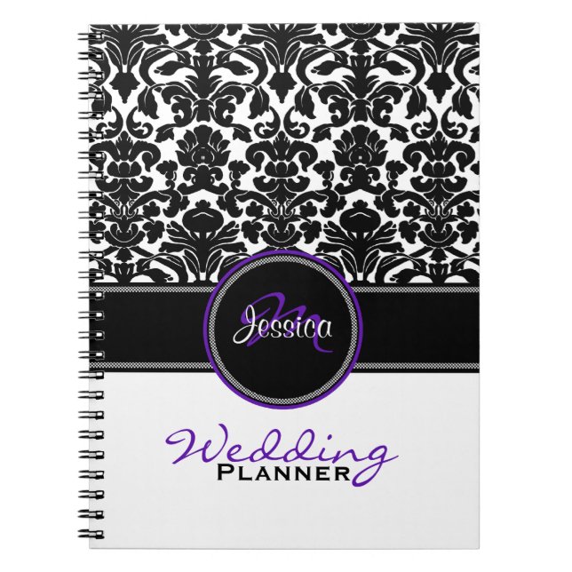 Caderno Espiral Planner do Casamento tema damasco preto roxo monog (Frente)