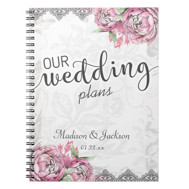 Caderno Espiral Planner Romântico de Casamento de Chic Peony Flora (Frente)