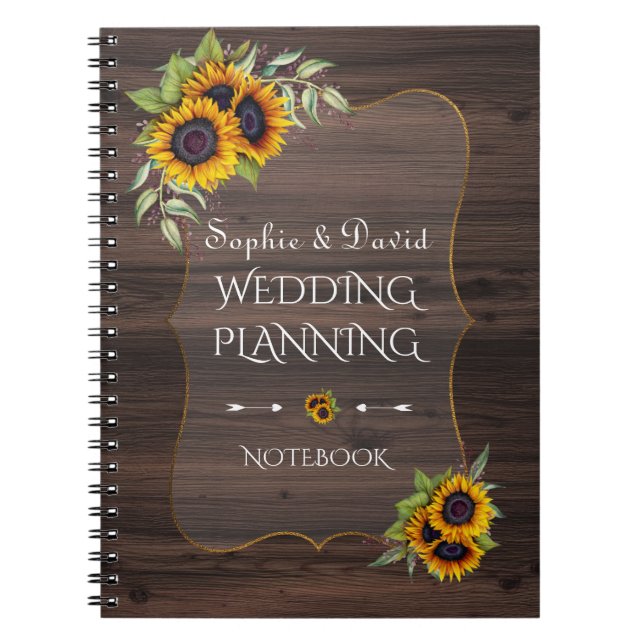 Caderno Espiral Planner Romântico de Casamento de Madeira Girassói (Frente)
