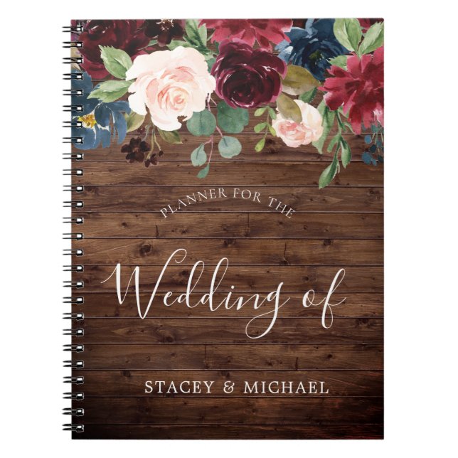 Caderno Espiral Planner Rustic Burgundy Red Wine Floral Casamento (Frente)