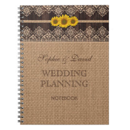Caderno Espiral Planner Rustic Lace Burlap Wood Weding Planner