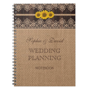 Caderno Espiral Planner Rustic Lace Burlap Wood Weding Planner