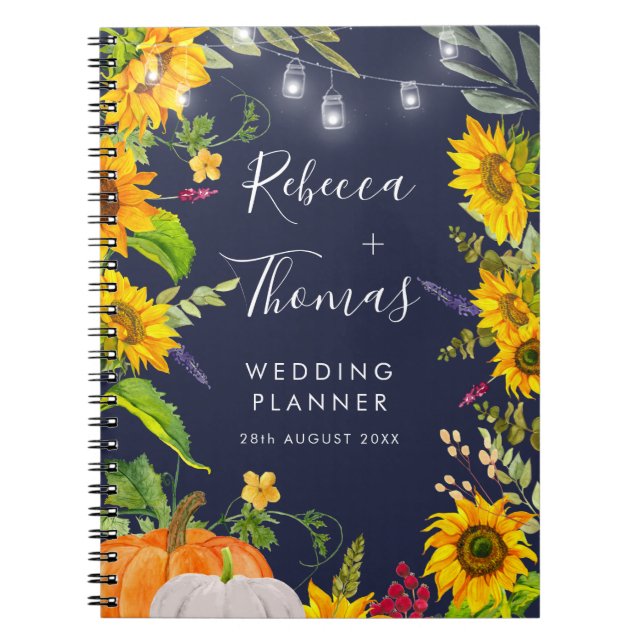 Caderno Espiral Planner Rustic Sunflower Pumpkin Blue Weding Plann (Frente)