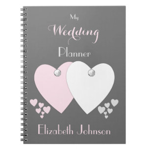 Caderno Espiral Plantador de casamento rosa e cinzas com coração