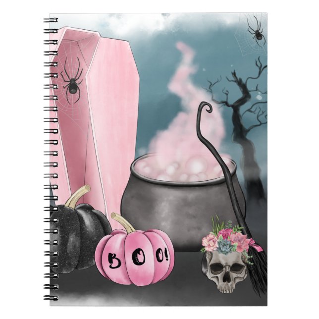 Caderno Espiral Plantão de Jardim de Capim e Aranha de Halloween (Frente)