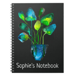 Caderno Espiral Plantas aquáticas de arte verde e abstrato azul