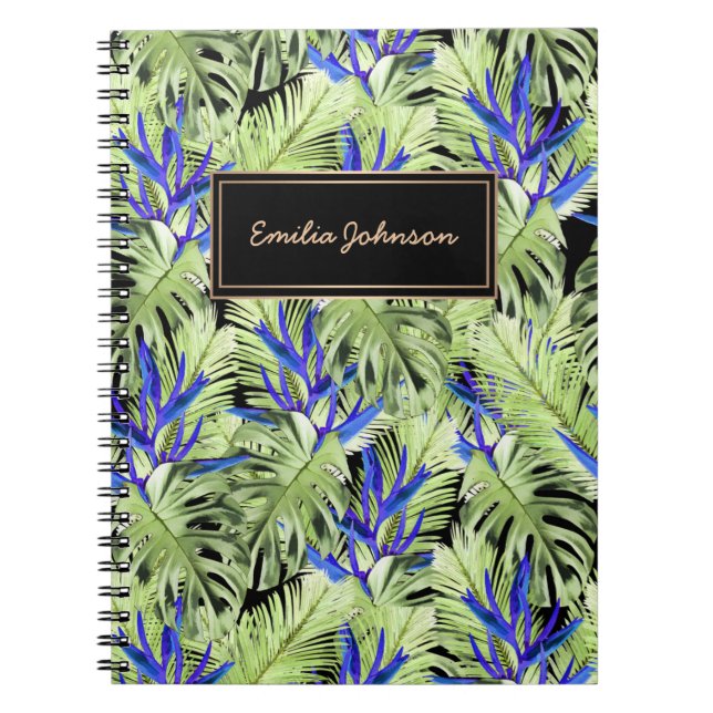 Caderno Espiral Plantas tropicais verdes e azuis (Frente)