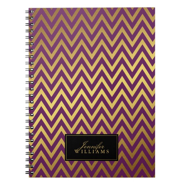 Caderno Espiral Plum e Faux Dourados Chevron Stripes Personalizado (Frente)