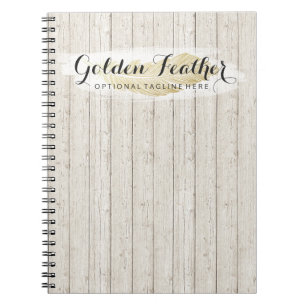 Caderno Espiral Pluma Boêmia Dourada em Tábuas de Madeira Rústica