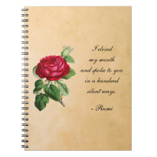 Caderno Espiral Poética Rumi Cita Tipografia com Rosa vermelha Vin