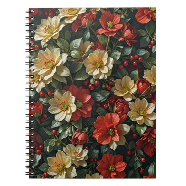 Caderno Espiral Poinsetia, fleurs rétro en rouge et vert (Frente)