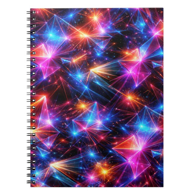 Caderno Espiral Polígono Neon Abstrato com Explosões (Frente)