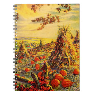Caderno Espiral Pomar de Abóboras de Halloween Vintage com Montes