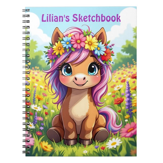 Caderno Espiral Pôneo bonito com flores personalizadas (Frente)