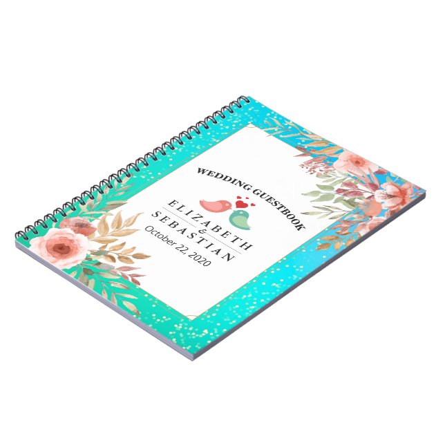 Caderno Espiral Ponto Dourado do Teal Floral Rosa Moderno do Guest (Left Side)