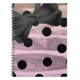 Caderno Espiral Ponto Rosa e Dourado Preto Elegante Laço Chique Gl