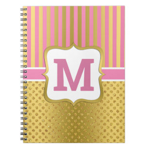Caderno Espiral Pontos Brilhantes Dourados Bonitos e Listras Rosa 
