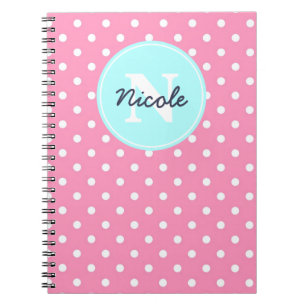 Caderno Espiral Pontos cor-de-rosa e azuis, inicial, e nome