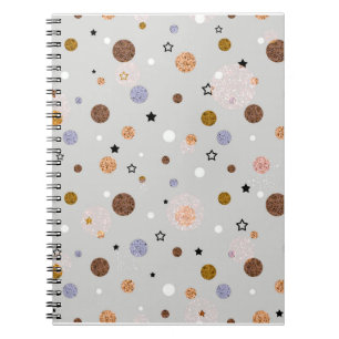 Caderno Espiral Pontos multicoloridos em cinza.