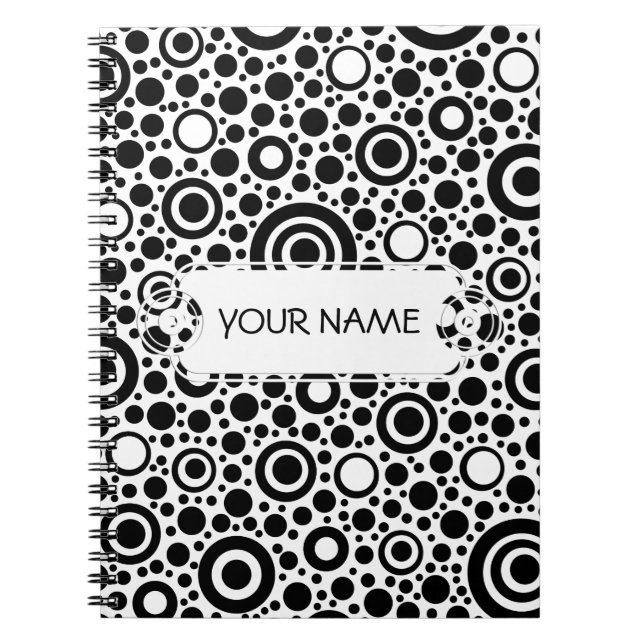 Caderno Espiral Pontos negros e padrão de círculo + texto e backgr (Frente)